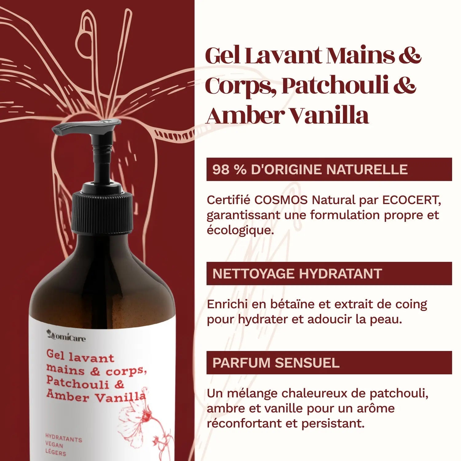 Gel lavant mains & corps, Patchouli & Amber Vanilla - YomiCare